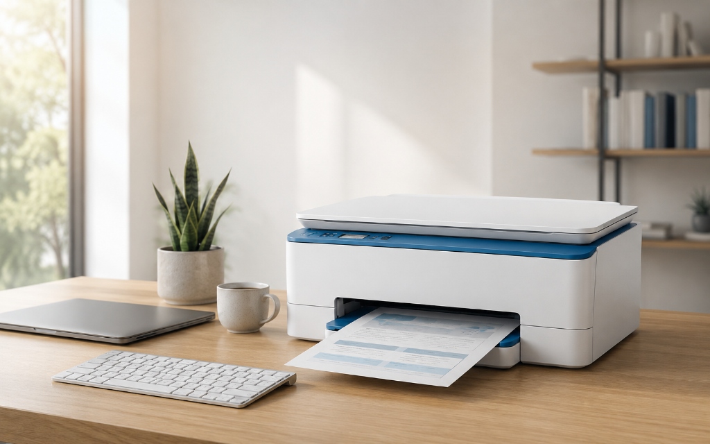 A modern home-office workspace with a printer